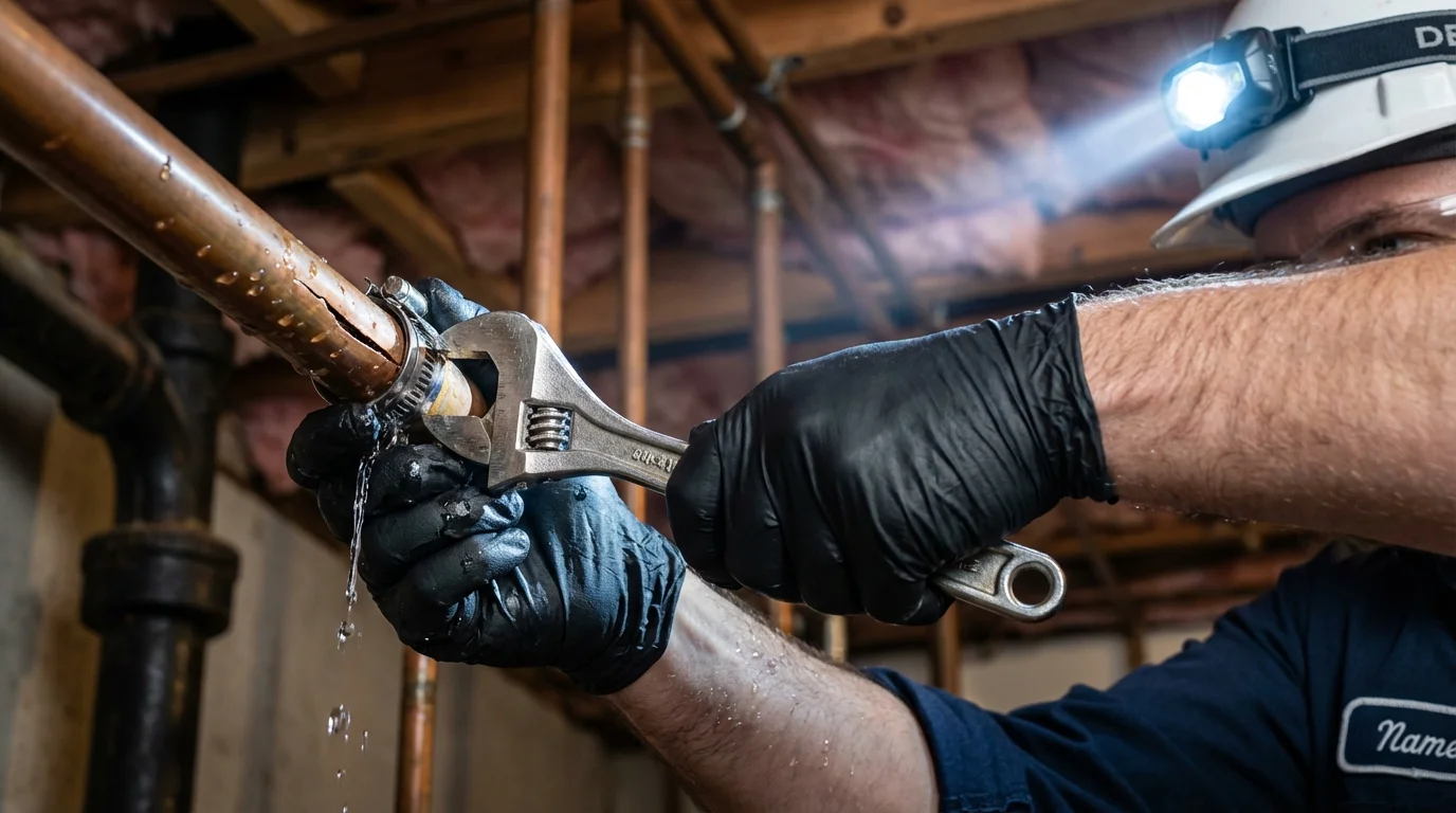 Emergency pipe clamp repair being performed by a Johns Plumbing LLC plumber in New Market