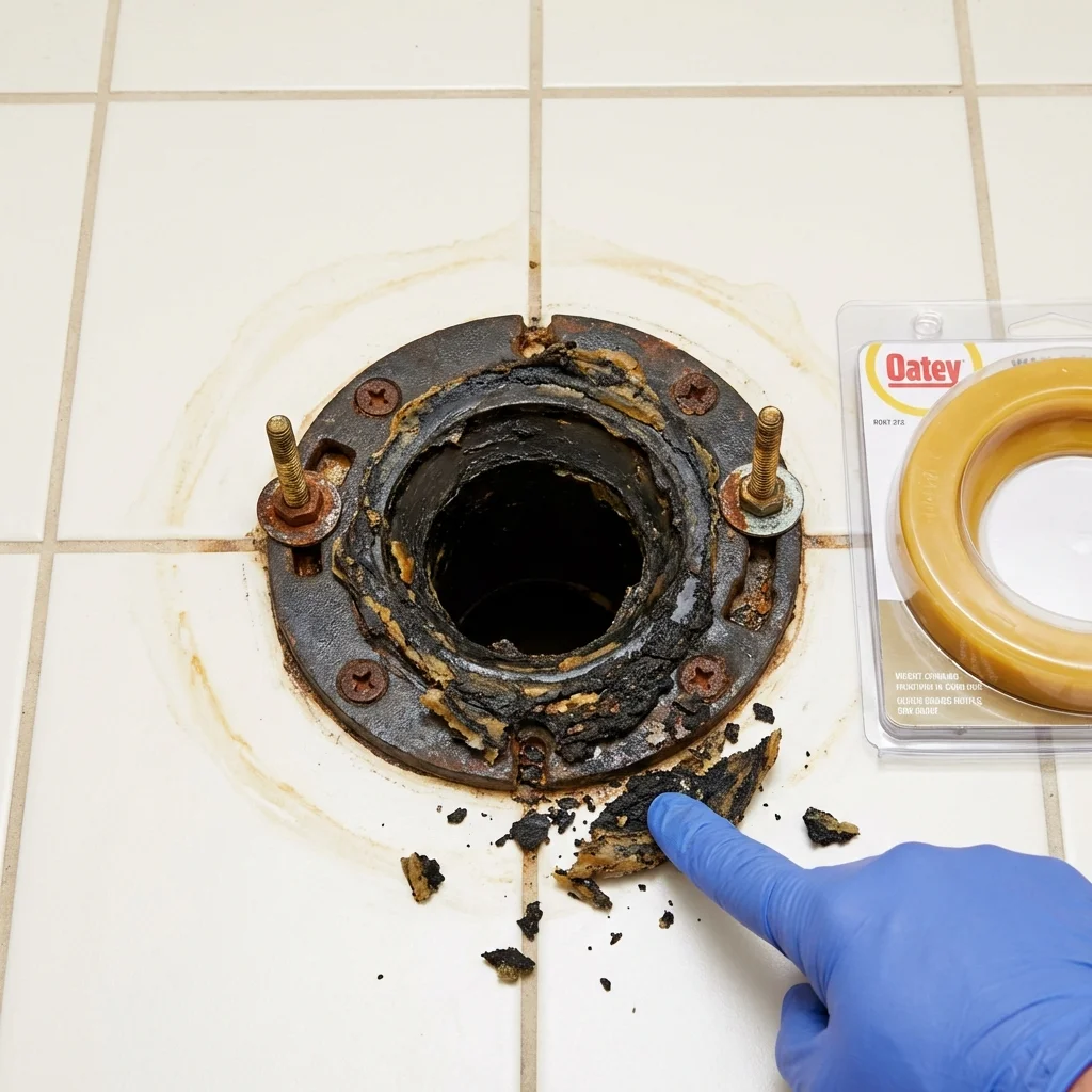 Failed wax ring showing water seepage at the base of a toilet in a New Market, AL home