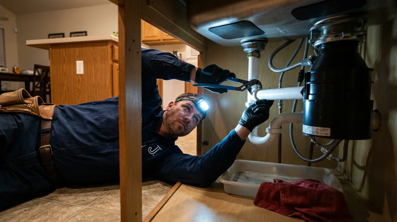 P-trap and supply line connections under a kitchen sink showing a common leak point in New Market, AL
